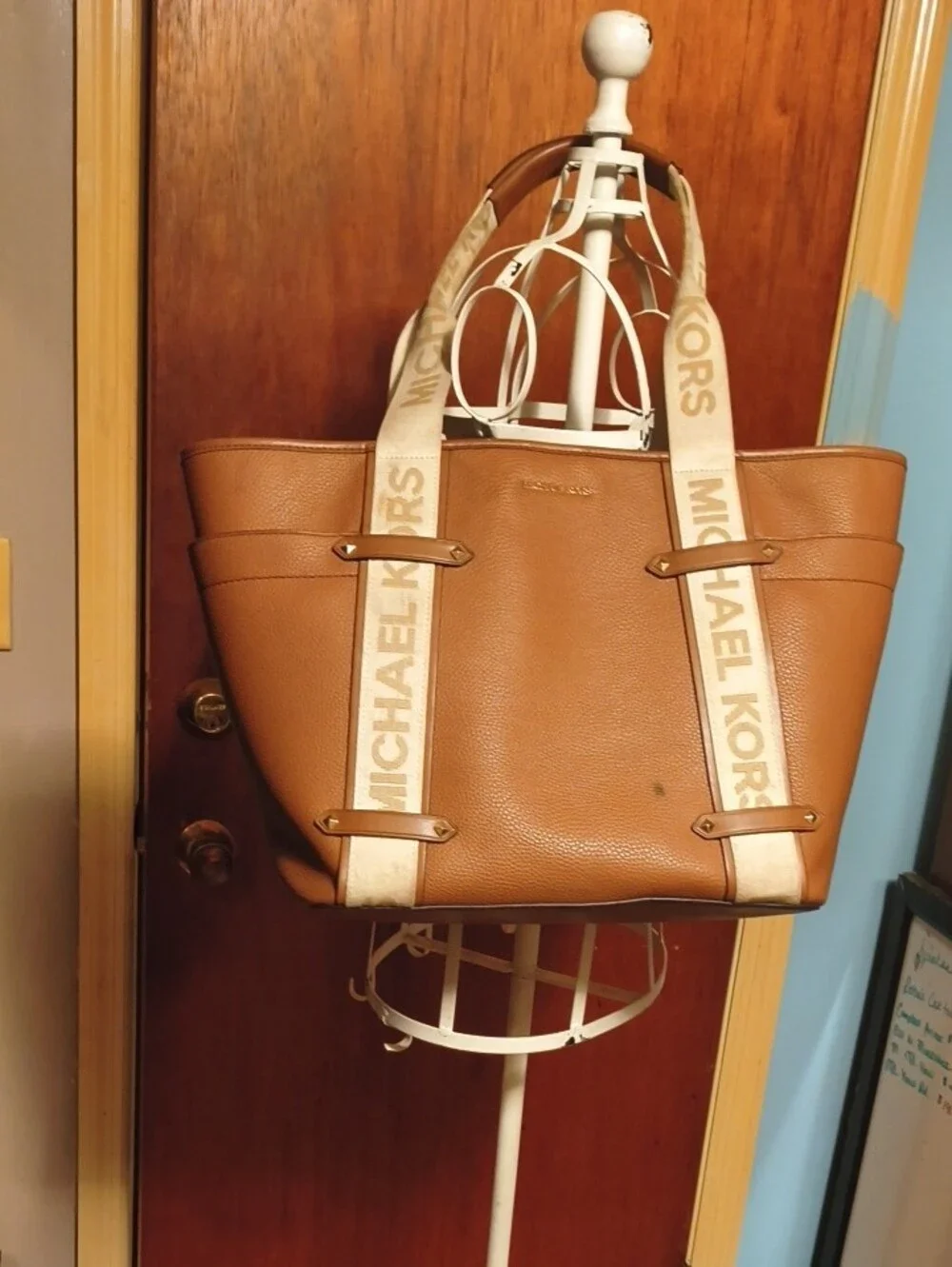 Michael Kors Cognac Pebbled Leather Tote with Branded Canvas Straps